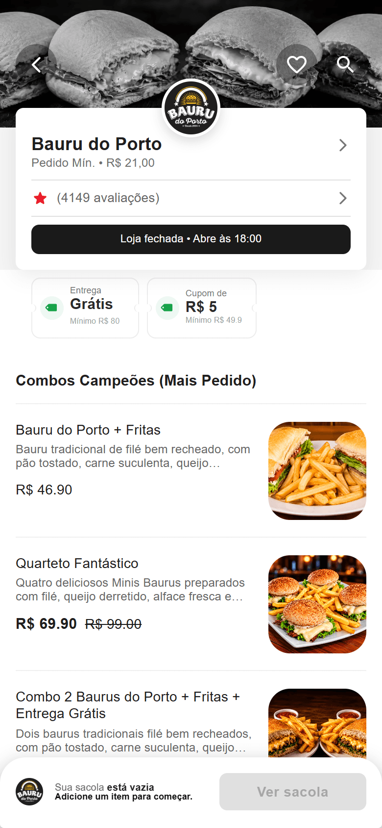 Cardápio do Bauru do Porto no celular, rodando no Foodfy